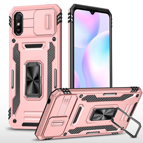 Custodia Silicone e Plastica Opaca Cover con Magnetico Anello Supporto MQ4 per Xiaomi Redmi 9i Oro Rosa