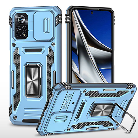 Custodia Silicone e Plastica Opaca Cover con Magnetico Anello Supporto MQ4 per Xiaomi Redmi Note 11E Pro 5G Cielo Blu