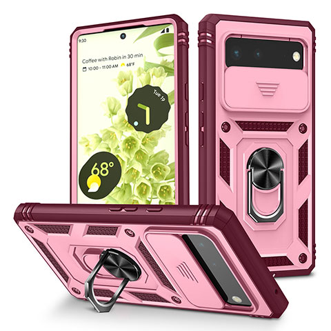 Custodia Silicone e Plastica Opaca Cover con Magnetico Anello Supporto MQ5 per Google Pixel 6 5G Rosa Caldo