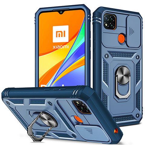 Custodia Silicone e Plastica Opaca Cover con Magnetico Anello Supporto MQ5 per Xiaomi Redmi 9 India Blu