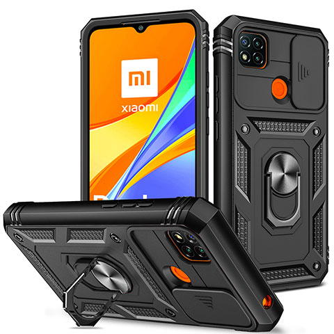 Custodia Silicone e Plastica Opaca Cover con Magnetico Anello Supporto MQ5 per Xiaomi Redmi 9C NFC Nero