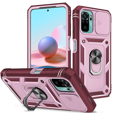 Custodia Silicone e Plastica Opaca Cover con Magnetico Anello Supporto MQ5 per Xiaomi Redmi Note 10 4G Rosa Caldo