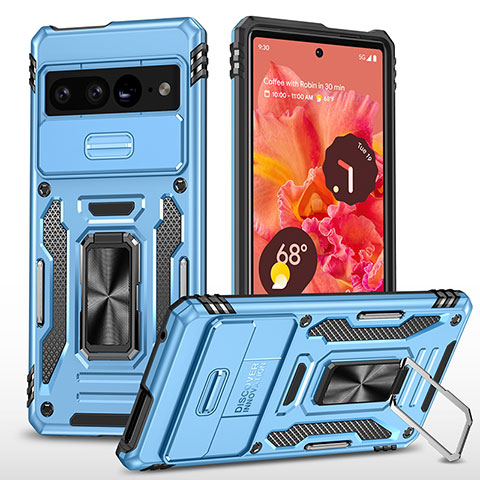 Custodia Silicone e Plastica Opaca Cover con Magnetico Anello Supporto MQ6 per Google Pixel 7 Pro 5G Cielo Blu