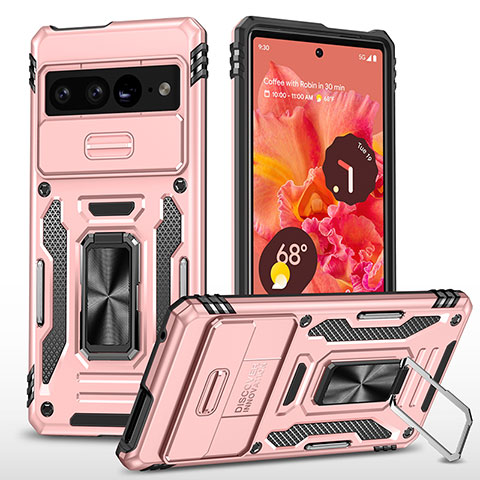 Custodia Silicone e Plastica Opaca Cover con Magnetico Anello Supporto MQ6 per Google Pixel 7 Pro 5G Oro Rosa