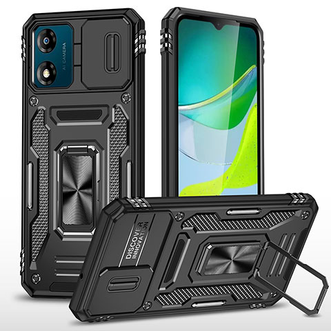 Custodia Silicone e Plastica Opaca Cover con Magnetico Anello Supporto MQ6 per Motorola Moto E13 Nero