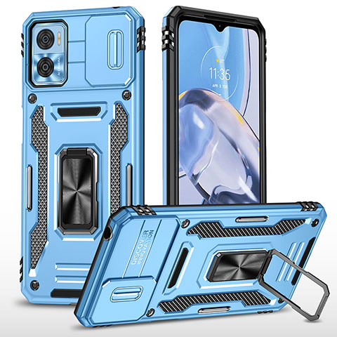 Custodia Silicone e Plastica Opaca Cover con Magnetico Anello Supporto MQ6 per Motorola Moto E22 Cielo Blu