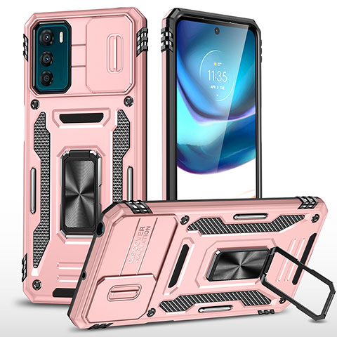 Custodia Silicone e Plastica Opaca Cover con Magnetico Anello Supporto MQ6 per Motorola Moto G42 Oro Rosa