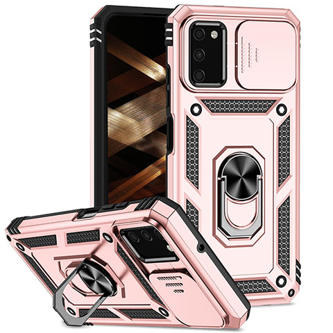 Custodia Silicone e Plastica Opaca Cover con Magnetico Anello Supporto MQ6 per Samsung Galaxy A02s Oro Rosa