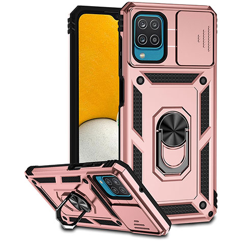 Custodia Silicone e Plastica Opaca Cover con Magnetico Anello Supporto MQ6 per Samsung Galaxy A12 Oro Rosa