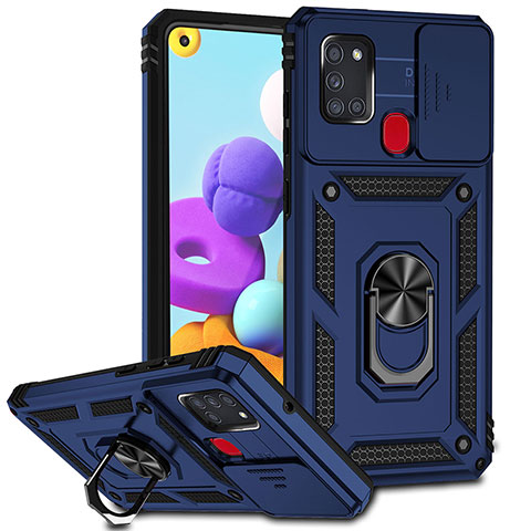 Custodia Silicone e Plastica Opaca Cover con Magnetico Anello Supporto MQ6 per Samsung Galaxy A21s Blu