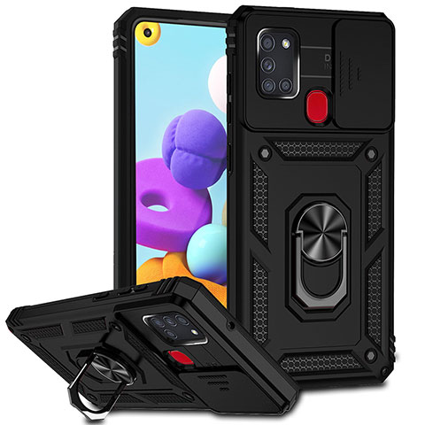 Custodia Silicone e Plastica Opaca Cover con Magnetico Anello Supporto MQ6 per Samsung Galaxy A21s Nero