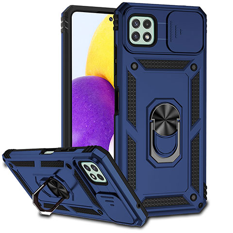 Custodia Silicone e Plastica Opaca Cover con Magnetico Anello Supporto MQ6 per Samsung Galaxy A22 5G Blu