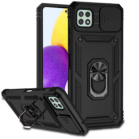 Custodia Silicone e Plastica Opaca Cover con Magnetico Anello Supporto MQ6 per Samsung Galaxy A22 5G Nero