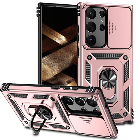 Custodia Silicone e Plastica Opaca Cover con Magnetico Anello Supporto MQ6 per Samsung Galaxy S22 Ultra 5G Oro Rosa