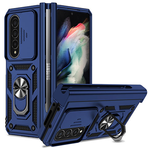 Custodia Silicone e Plastica Opaca Cover con Magnetico Anello Supporto MQ6 per Samsung Galaxy Z Fold3 5G Blu