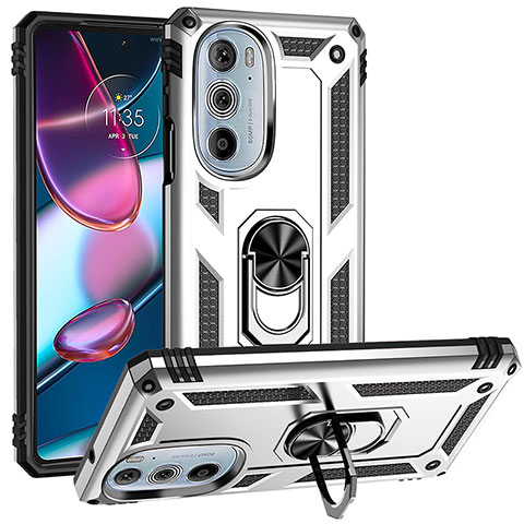 Custodia Silicone e Plastica Opaca Cover con Magnetico Anello Supporto per Motorola Moto Edge 30 Pro 5G Argento