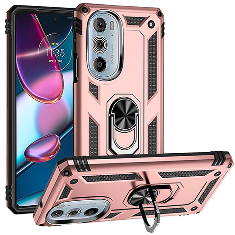 Custodia Silicone e Plastica Opaca Cover con Magnetico Anello Supporto per Motorola Moto Edge 30 Pro 5G Oro Rosa