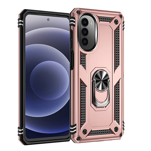 Custodia Silicone e Plastica Opaca Cover con Magnetico Anello Supporto per Motorola Moto G82 5G Oro Rosa