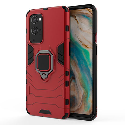 Custodia Silicone e Plastica Opaca Cover con Magnetico Anello Supporto per OnePlus 9 Pro 5G Rosso