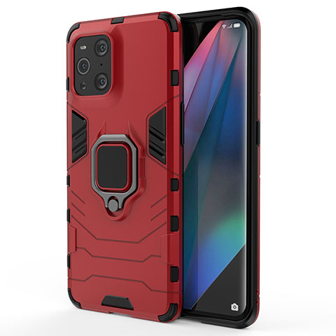 Custodia Silicone e Plastica Opaca Cover con Magnetico Anello Supporto per Oppo Find X3 Pro 5G Rosso