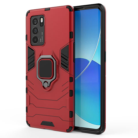 Custodia Silicone e Plastica Opaca Cover con Magnetico Anello Supporto per Oppo Reno6 Pro 5G India Rosso