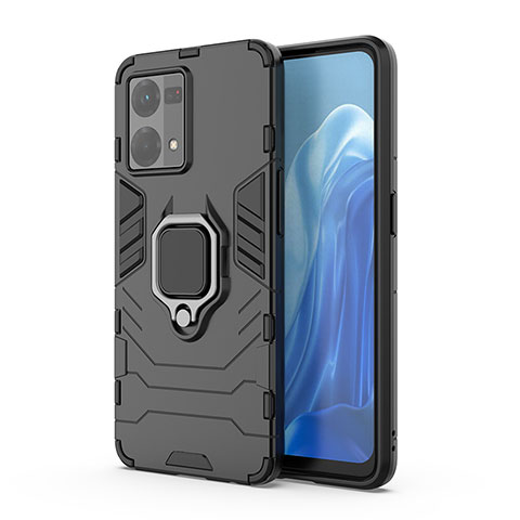 Custodia Silicone e Plastica Opaca Cover con Magnetico Anello Supporto per Oppo Reno7 4G Nero