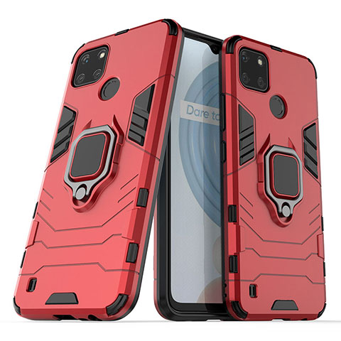 Custodia Silicone e Plastica Opaca Cover con Magnetico Anello Supporto per Realme C21Y Rosso