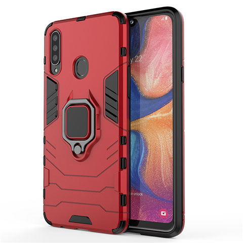 Custodia Silicone e Plastica Opaca Cover con Magnetico Anello Supporto per Samsung Galaxy A20s Rosso