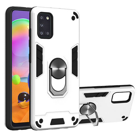 Custodia Silicone e Plastica Opaca Cover con Magnetico Anello Supporto per Samsung Galaxy A31 Bianco