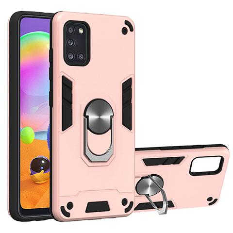 Custodia Silicone e Plastica Opaca Cover con Magnetico Anello Supporto per Samsung Galaxy A31 Oro Rosa