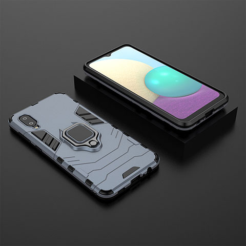 Custodia Silicone e Plastica Opaca Cover con Magnetico Anello Supporto per Samsung Galaxy M02 Blu