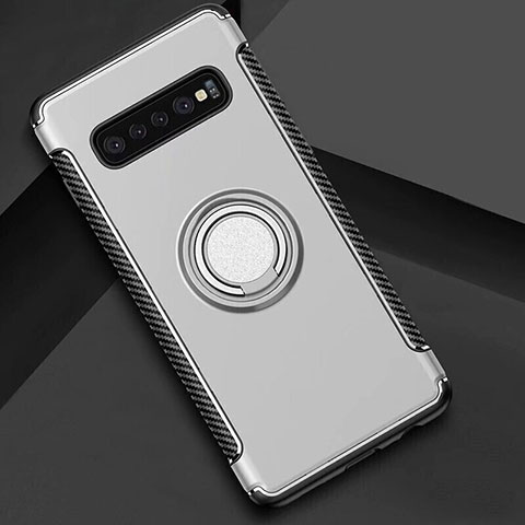 Custodia Silicone e Plastica Opaca Cover con Magnetico Anello Supporto per Samsung Galaxy S10 Argento