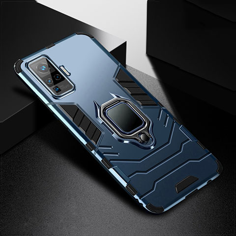 Custodia Silicone e Plastica Opaca Cover con Magnetico Anello Supporto per Vivo X50 Pro 5G Blu