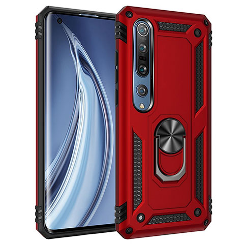 Custodia Silicone e Plastica Opaca Cover con Magnetico Anello Supporto per Xiaomi Mi 10 Pro Rosso