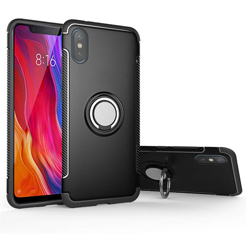 Custodia Silicone e Plastica Opaca Cover con Magnetico Anello Supporto per Xiaomi Mi 8 Pro Global Version Nero