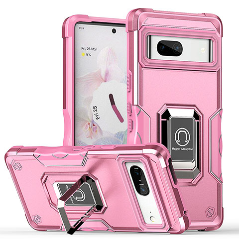 Custodia Silicone e Plastica Opaca Cover con Magnetico Anello Supporto QW1 per Google Pixel 7 5G Rosa