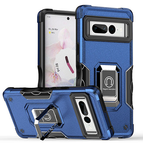 Custodia Silicone e Plastica Opaca Cover con Magnetico Anello Supporto QW1 per Google Pixel 7 Pro 5G Blu