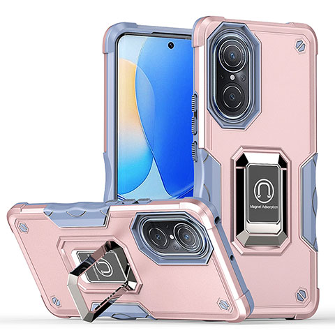 Custodia Silicone e Plastica Opaca Cover con Magnetico Anello Supporto QW1 per Huawei Nova 9 Oro Rosa