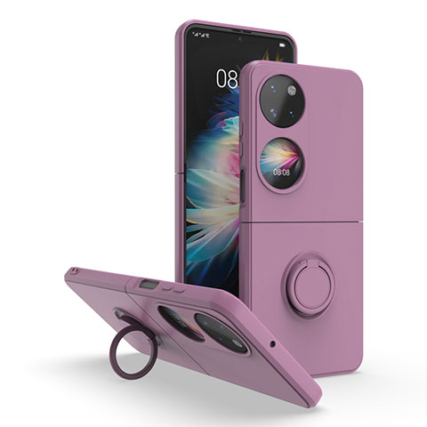 Custodia Silicone e Plastica Opaca Cover con Magnetico Anello Supporto QW1 per Huawei P50 Pocket Viola