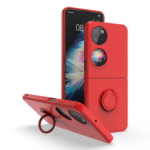 Custodia Silicone e Plastica Opaca Cover con Magnetico Anello Supporto QW1 per Huawei P60 Pocket Rosso