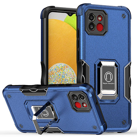 Custodia Silicone e Plastica Opaca Cover con Magnetico Anello Supporto QW1 per Samsung Galaxy A03 Blu