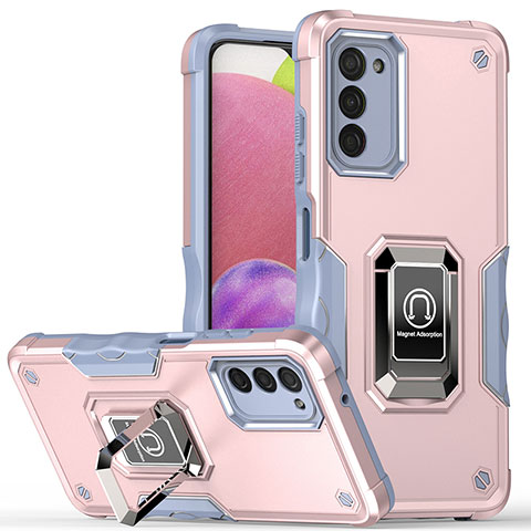 Custodia Silicone e Plastica Opaca Cover con Magnetico Anello Supporto QW1 per Samsung Galaxy A03s Rosa