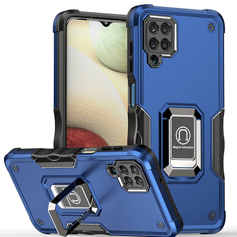 Custodia Silicone e Plastica Opaca Cover con Magnetico Anello Supporto QW1 per Samsung Galaxy A12 5G Blu