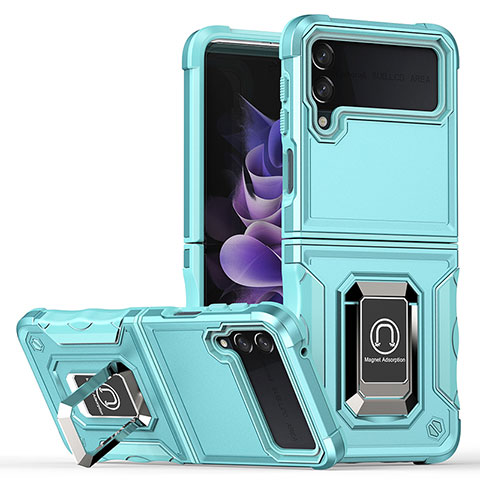 Custodia Silicone e Plastica Opaca Cover con Magnetico Anello Supporto QW1 per Samsung Galaxy Z Flip3 5G Azzurro