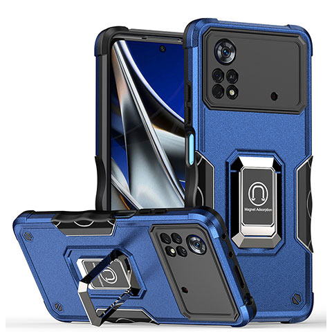 Custodia Silicone e Plastica Opaca Cover con Magnetico Anello Supporto QW1 per Xiaomi Poco M4 Pro 4G Blu