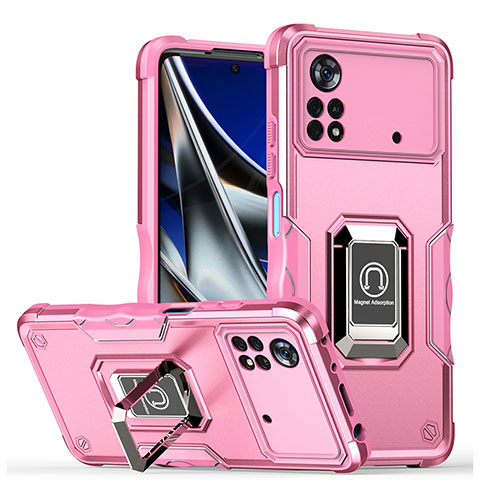 Custodia Silicone e Plastica Opaca Cover con Magnetico Anello Supporto QW1 per Xiaomi Poco M4 Pro 4G Oro Rosa