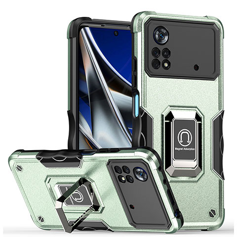 Custodia Silicone e Plastica Opaca Cover con Magnetico Anello Supporto QW1 per Xiaomi Poco X4 Pro 5G Verde Pastello