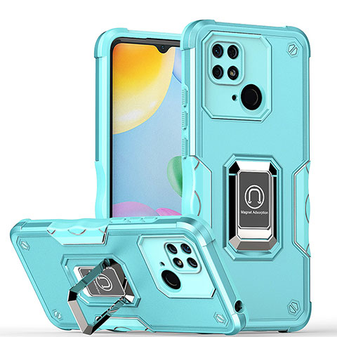 Custodia Silicone e Plastica Opaca Cover con Magnetico Anello Supporto QW1 per Xiaomi Redmi 10 India Azzurro