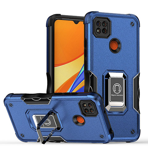 Custodia Silicone e Plastica Opaca Cover con Magnetico Anello Supporto QW1 per Xiaomi Redmi 9 Activ Blu