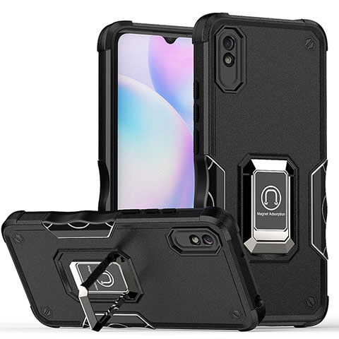 Custodia Silicone e Plastica Opaca Cover con Magnetico Anello Supporto QW1 per Xiaomi Redmi 9A Nero